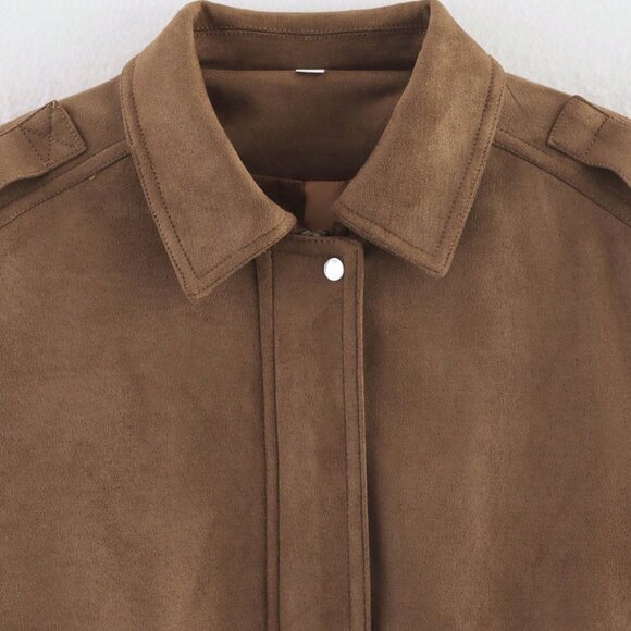 Brown Casual Women's Zip  upfaux Suede Bomber Jacket Coat - Picture 7 of 8